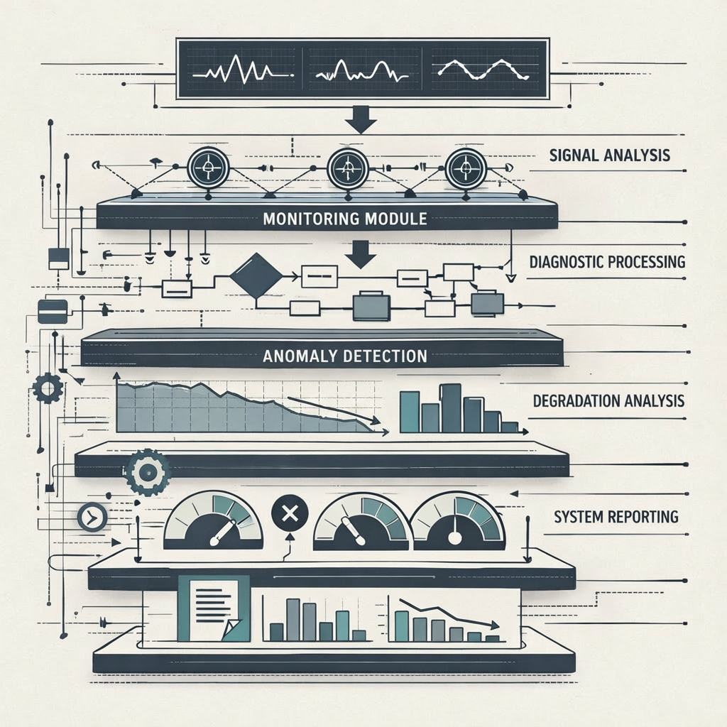 Layered diagnostic architecture showing signal analysis, anomaly detection, degradation analysis, and system reporting to identify early performance distortion.