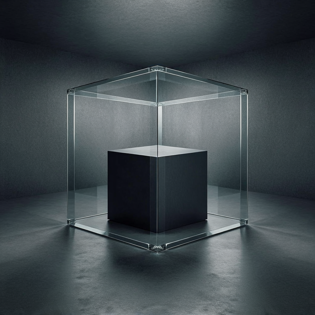 Abstract black core enclosed in transparent structure representing governance, compliance control, and ethical system boundaries in organizational decision frameworks.