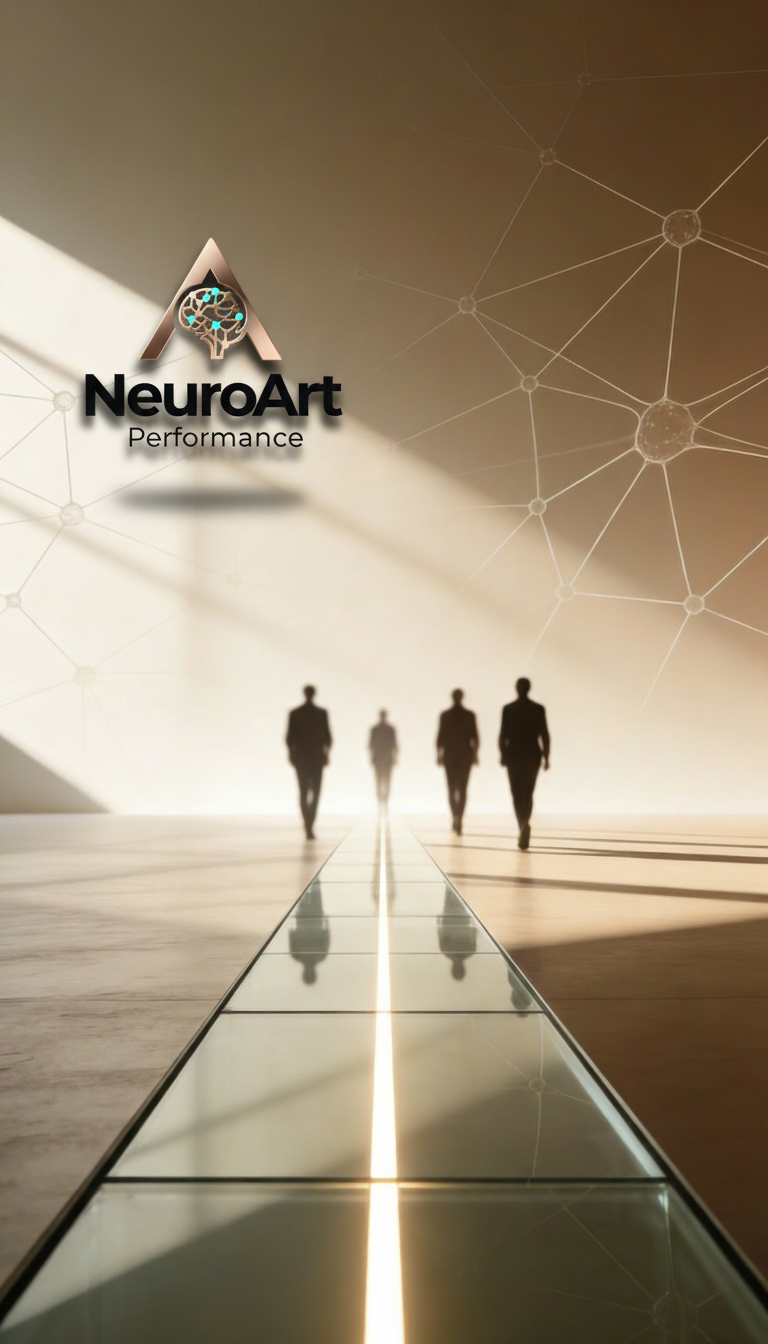 mage showing a minimalist illuminated pathway moving through an abstract space, with soft neural patterns and subtle human figures symbolizing clarity, direction, and behavioral alignment under pressure.
