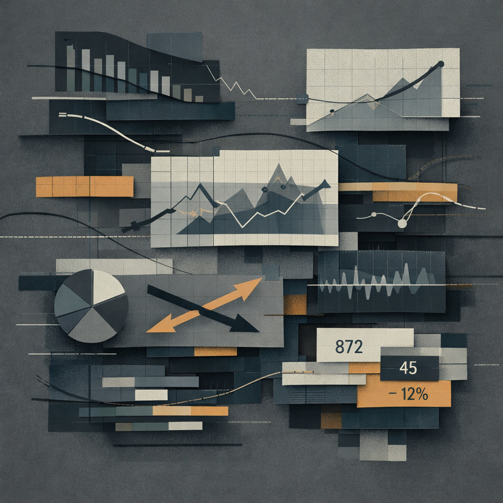 Abstract diagnostic data visualization showing fragmented signals and misleading performance metrics in complex organizational systems