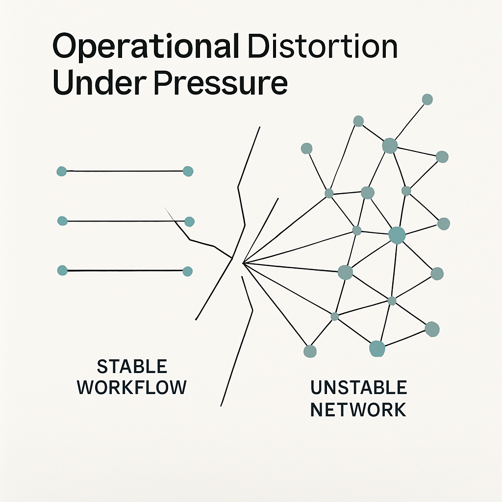 Diagram showing how stable workflow lines fracture under pressure and diverge into an unstable, misaligned network of nodes representing systemic behavioral distortion.