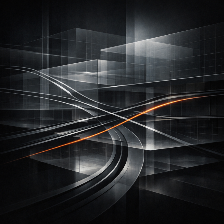 Decision Integrity. Abstract visualization of constrained decision flows intersecting across layered organizational structures, illustrating pressure and directional drift in regulated environments.