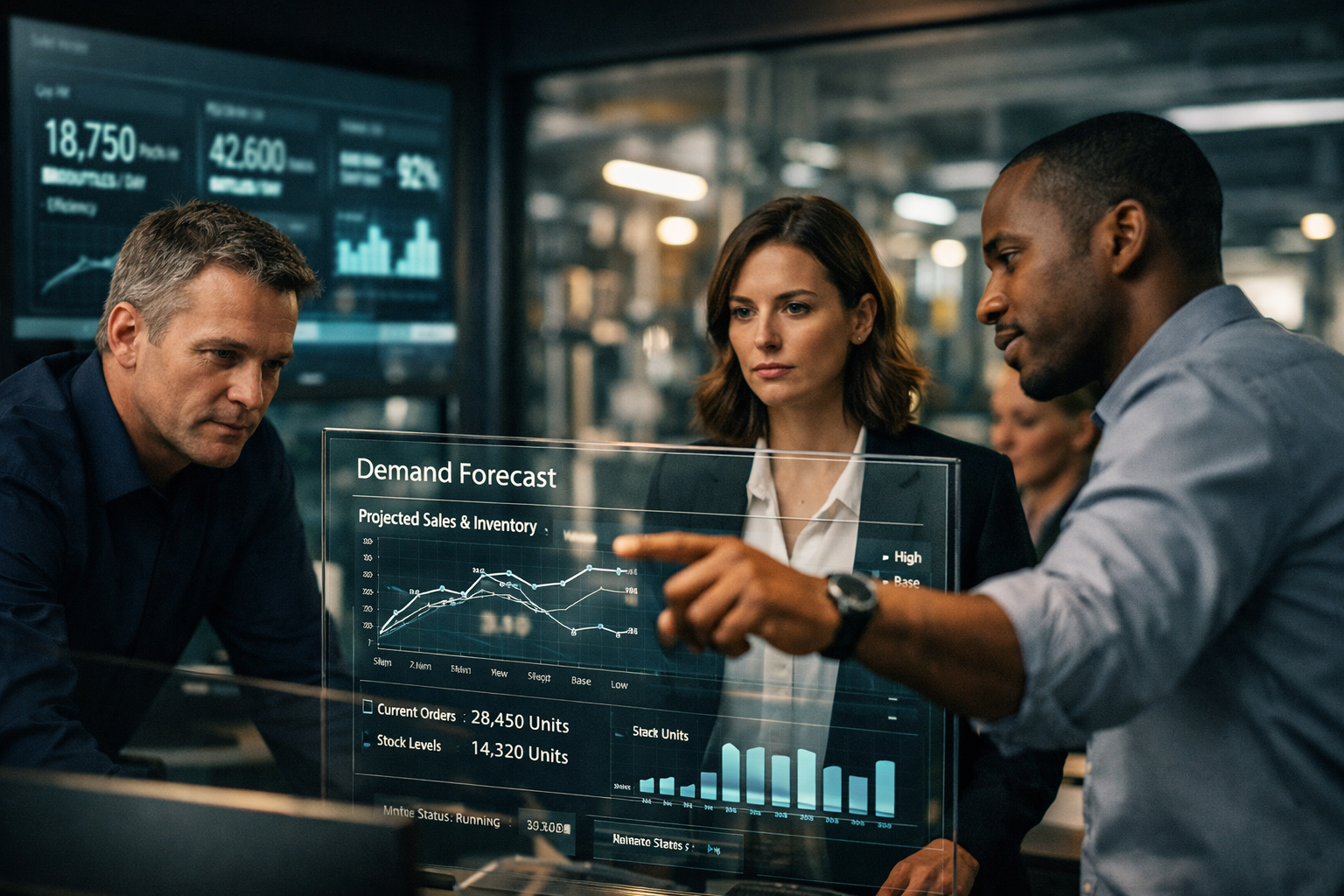 Team reviewing real-time sales and production dashboards in a nutraceutical operations environment, illustrating execution alignment under rapid growth pressure.
