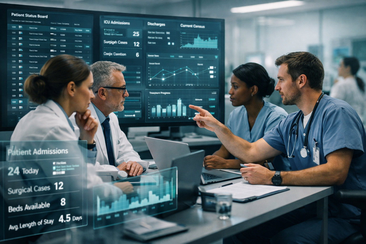 Behavioral Coordination in High-Complexity Healthcare Systems Medical team reviewing patient data on digital monitors in a hospital control setting, illustrating coordinated decision-making and performance stability under clinical pressure.