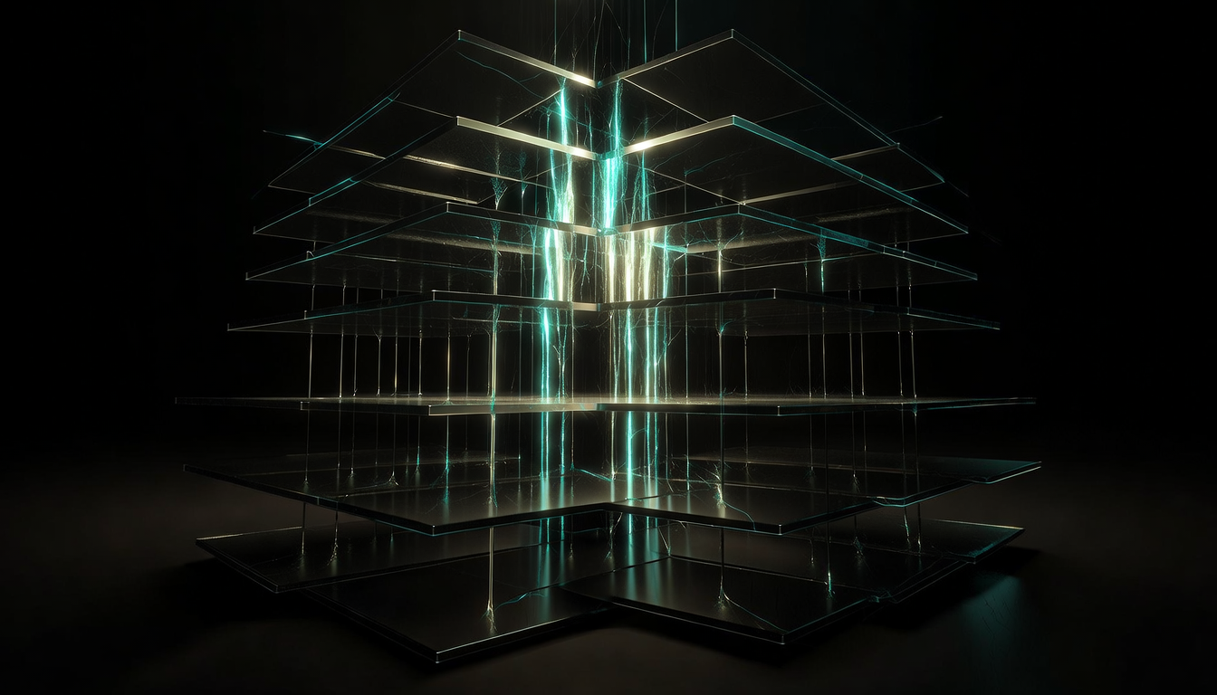 Layered architectural structure with illuminated vertical energy surges between organizational levels, symbolizing behavioral escalation in multi-layer decision systems during integration.
