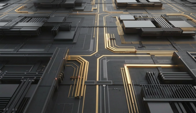 Behavioral Precision Embedded in Governance System Design. Abstract visualization of a precisely aligned system structure with constrained pathways and minimal variation, illustrating behavioral precision as a governance mechanism embedded in design rather than enforced through oversight.