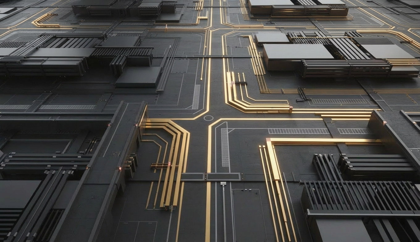 Behavioral Precision Embedded in Governance System Design. Abstract visualization of a precisely aligned system structure with constrained pathways and minimal variation, illustrating behavioral precision as a governance mechanism embedded in design rather than enforced through oversight.
