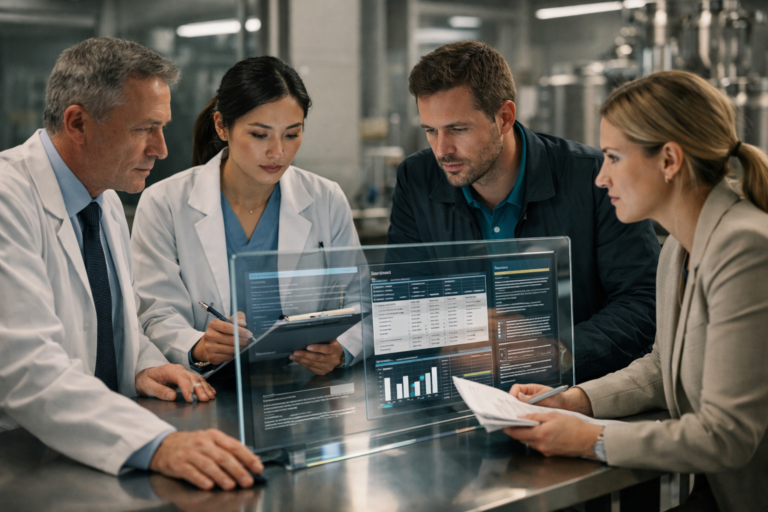 Cross-functional team reviewing regulatory and production data in a pharmaceutical and biotech environment, illustrating structured decision-making under compliance pressure.