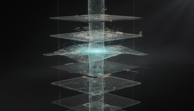 Stacked transparent organizational layers with concentrated luminous data mass in a central level, illustrating uneven cognitive load distribution during transformation.
