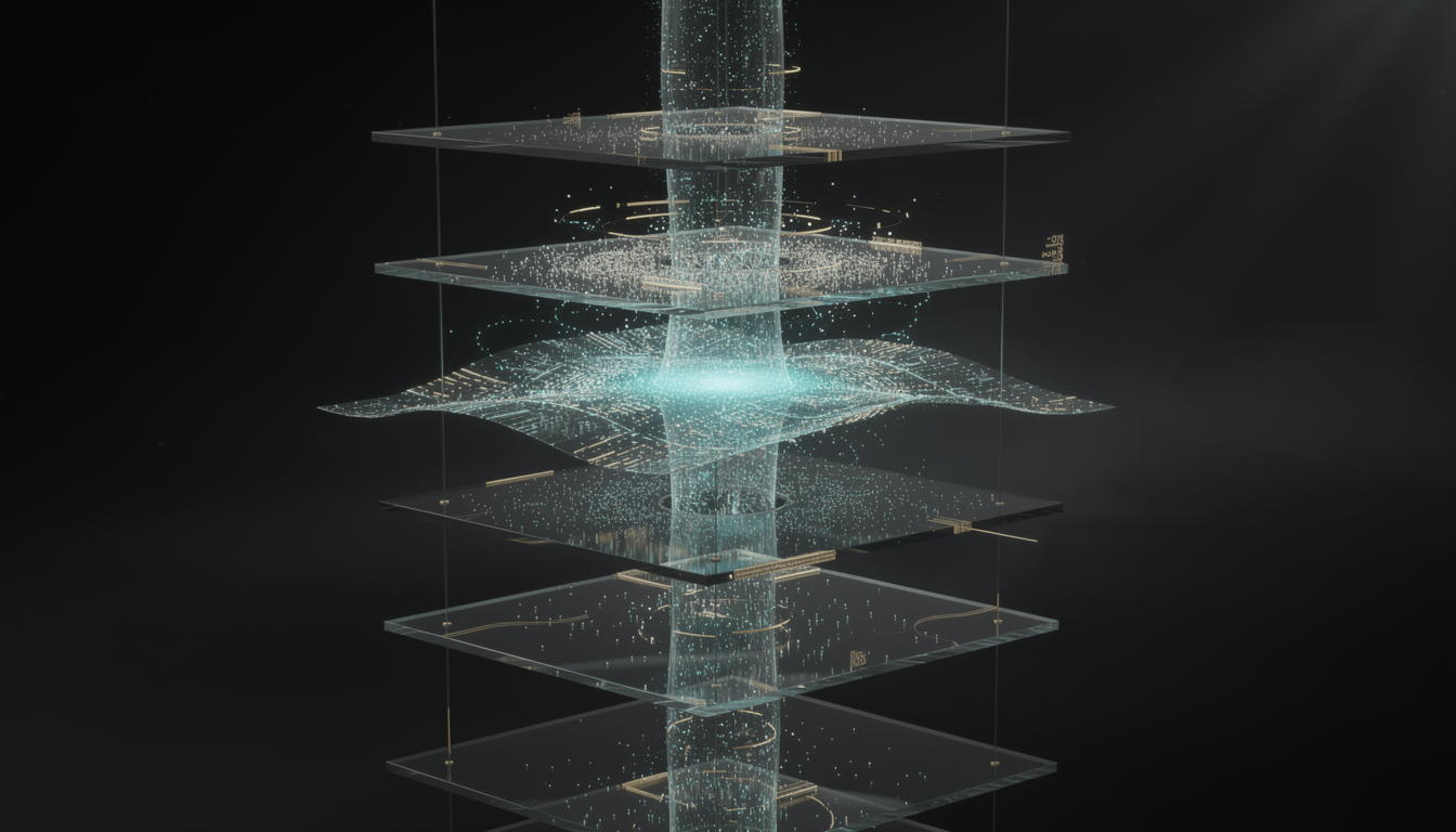 Stacked transparent organizational layers with concentrated luminous data mass in a central level, illustrating uneven cognitive load distribution during transformation.