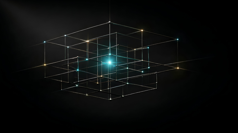 Execution Stability Under Cognitive Stress. Abstract layered geometric structure with a luminous turquoise core and subtly misaligned outer planes, representing execution stability under cognitive stress in scaling organizational systems.
