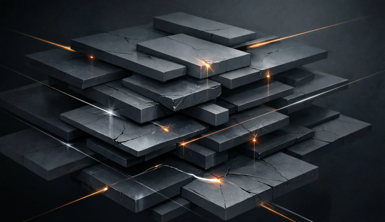 Execution Stability in Complex Operational Environments. Abstract representation of a complex operational system with layered structures and subtle misalignments, illustrating execution stability under pressure and hidden structural fragility beneath apparent operational order.