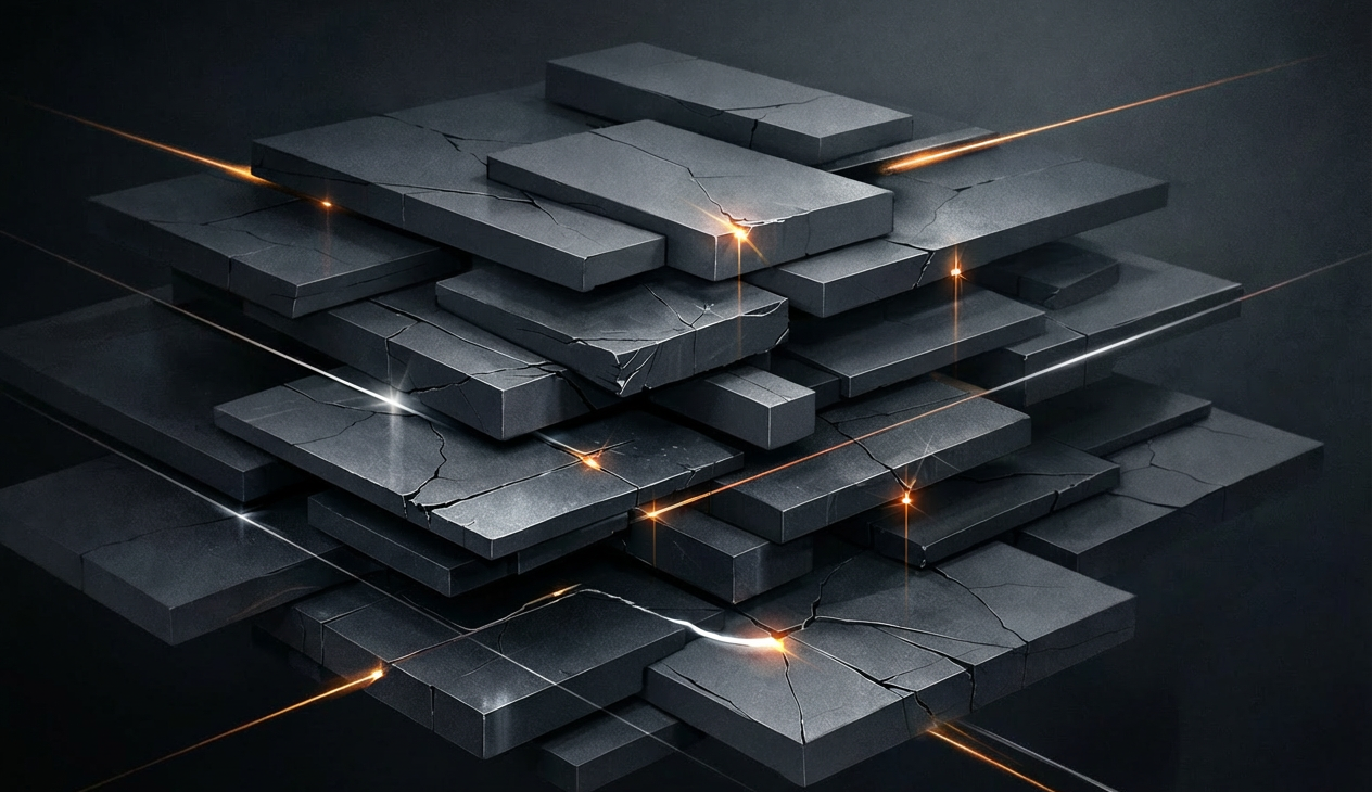 Execution Stability in Complex Operational Environments. Abstract representation of a complex operational system with layered structures and subtle misalignments, illustrating execution stability under pressure and hidden structural fragility beneath apparent operational order.