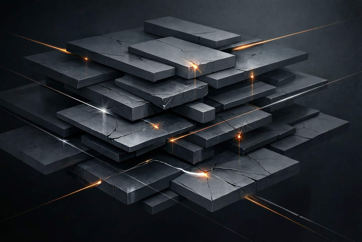 Abstract representation of a complex operational system with layered structures and subtle misalignments, illustrating execution stability under pressure and hidden structural fragility beneath apparent operational order.
