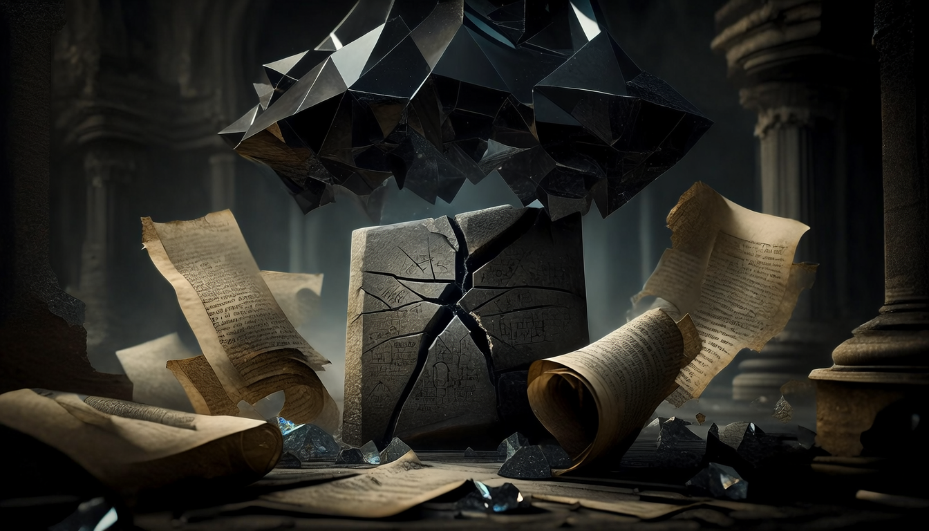 Abstract representation of decision integrity under regulatory pressure, showing fragmented documents and structural fracture that symbolizes formal compliance without strategic coherence in governance systems.