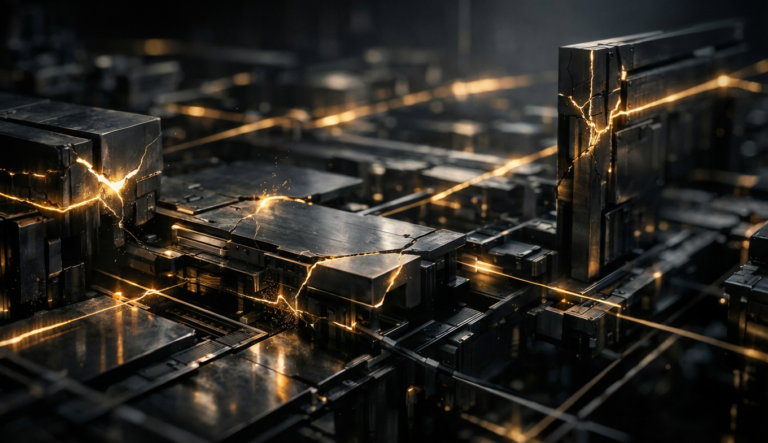 why processes fail under pressure. Abstract visualization of execution systems under high-pressure operations, showing solid process structures developing internal fractures that reveal hidden fragility beneath apparent robustness.