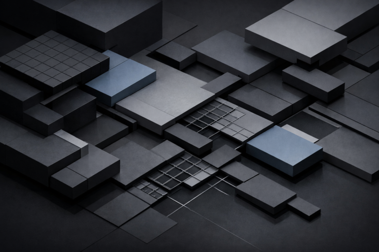 Operations Lose Coherence. Abstract modular system showing subtle misalignment and loss of operational coherence as structural complexity increases