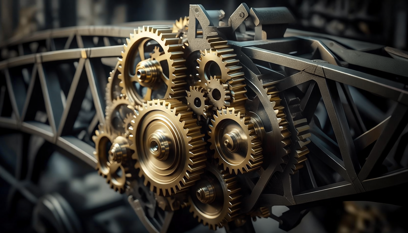 Abstract representation of an over-optimized system with tightly integrated components, illustrating structural rigidity and loss of adaptability at scale