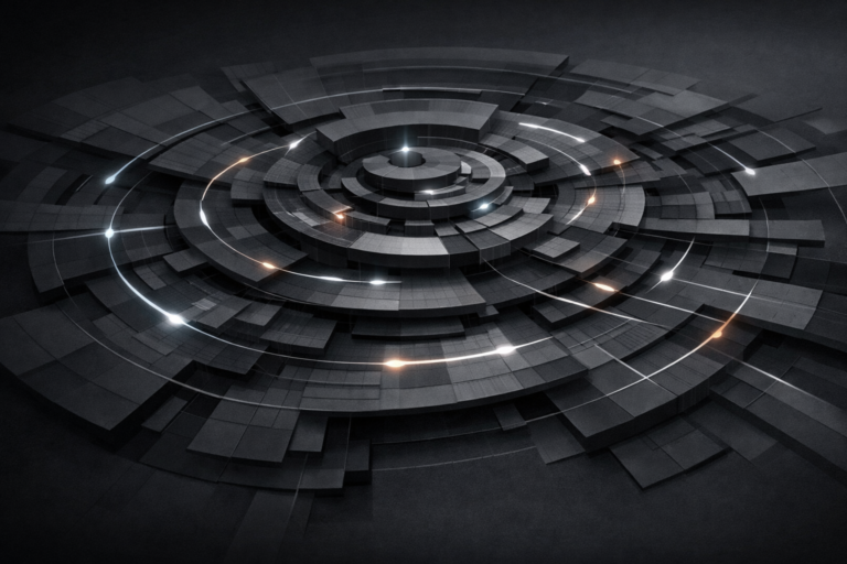 Strategic Coherence. Abstract visualization of an expanding strategic system with layered structures and subtle divergence, illustrating how strategic coherence and decision integrity strain as organizations grow and undergo transformation.
