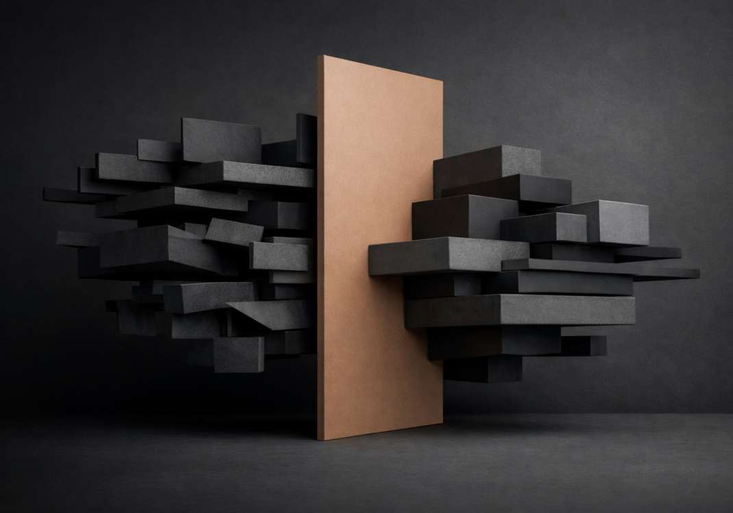 Stabilizing Complex Systems Under Pressure. Abstract sculptural composition showing two complex system structures rebalanced around a central stabilizing plane, illustrating the transition from diagnostic insight to systemic stabilization without forced intervention.