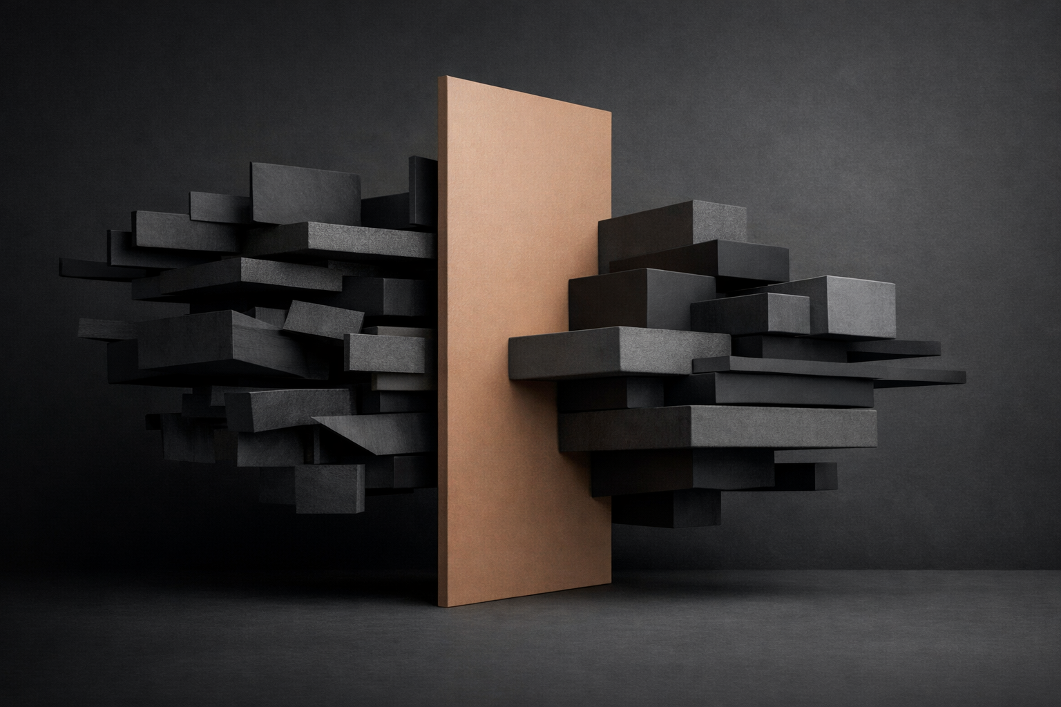 Abstract sculptural composition showing two complex system structures rebalanced around a central stabilizing plane, illustrating the transition from diagnostic insight to systemic stabilization without forced intervention.