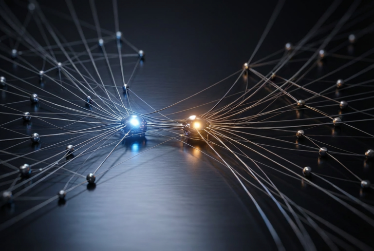 Leadership Under Uneven Cognitive Load. Abstract visualization of an organizational decision network where multiple connections converge into overloaded central nodes, illustrating uneven cognitive load distribution and hidden decision bottlenecks in leadership systems.
