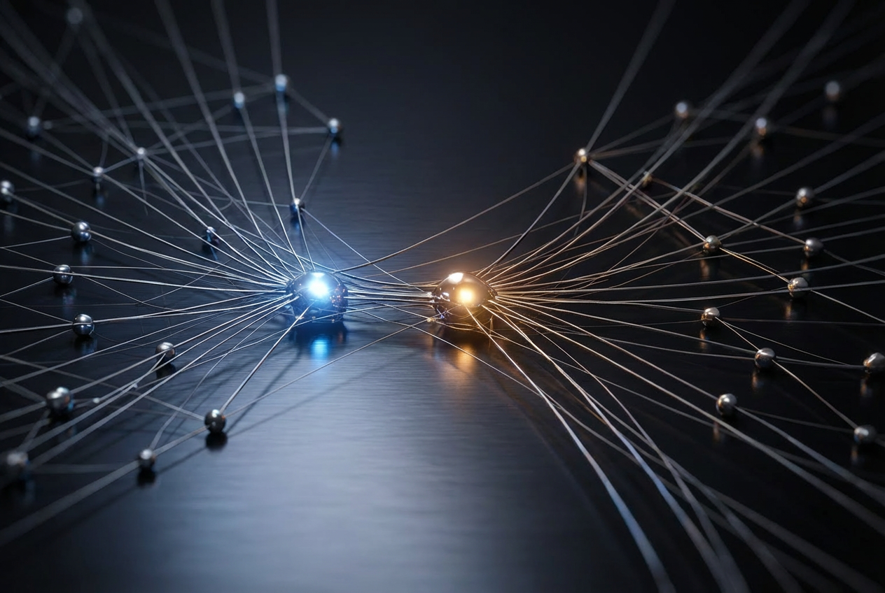 Abstract visualization of an organizational decision network where multiple connections converge into overloaded central nodes, illustrating uneven cognitive load distribution and hidden decision bottlenecks in leadership systems.